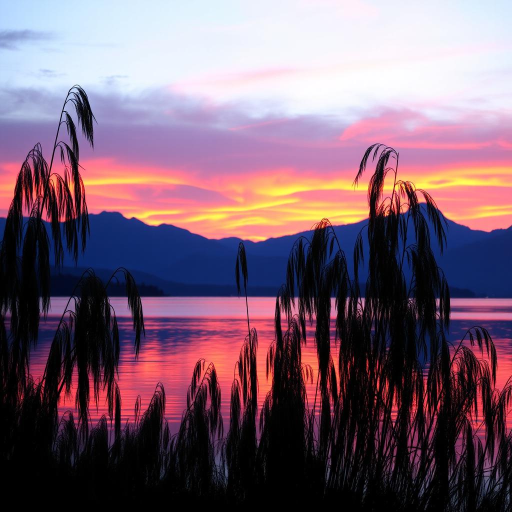 A serene sunset landscape over a calm lake, with vibrant orange and pink hues reflecting in the water