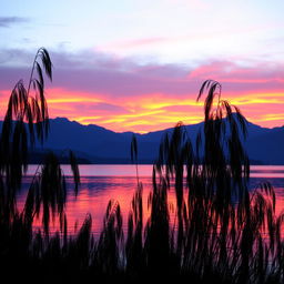 A serene sunset landscape over a calm lake, with vibrant orange and pink hues reflecting in the water