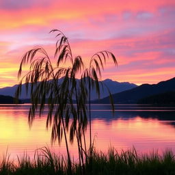 A serene sunset landscape over a calm lake, with vibrant orange and pink hues reflecting in the water