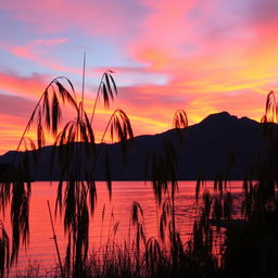A serene sunset landscape over a calm lake, with vibrant orange and pink hues reflecting in the water