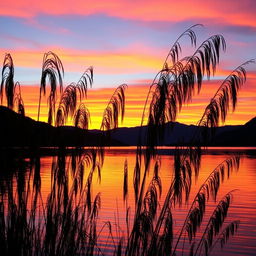 A serene sunset landscape over a calm lake, with vibrant orange and pink hues reflecting in the water
