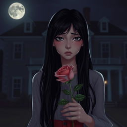 A heartbroken girl with long black hair, holding a delicate rose in her hand and standing in front of her large house at night