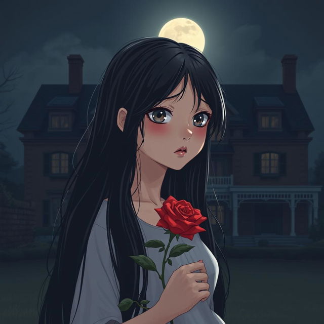 A heartbroken girl with long black hair, holding a delicate rose in her hand and standing in front of her large house at night