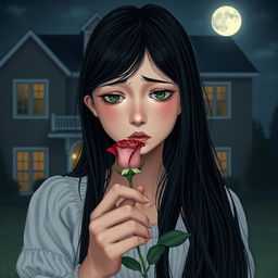 A heartbroken girl with long black hair, holding a delicate rose in her hand and standing in front of her large house at night