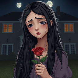 A heartbroken girl with long black hair, holding a delicate rose in her hand and standing in front of her large house at night