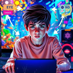 A teenage character immersed in gaming, sitting in front of a vibrant computer or gaming device
