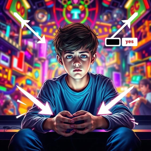 A teenage character immersed in gaming, sitting in front of a vibrant computer or gaming device