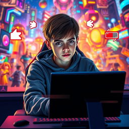A teenage character immersed in gaming, sitting in front of a vibrant computer or gaming device