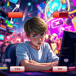 A teenage character immersed in gaming, sitting in front of a vibrant computer or gaming device