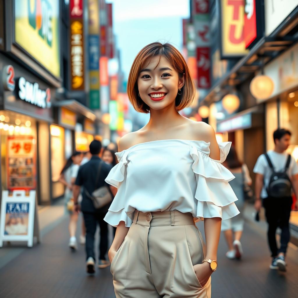 A cheerful young beautiful Japanese woman with short light brown hair standing in a lively pedestrian street during the evening