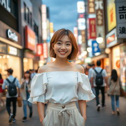 A cheerful young beautiful Japanese woman with short light brown hair standing in a lively pedestrian street during the evening