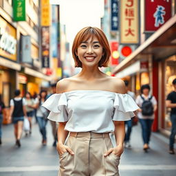 A cheerful young beautiful Japanese woman with short light brown hair standing in a lively pedestrian street during the evening