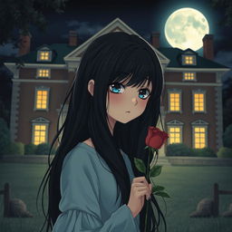 A heartbroken girl with long black hair, holding a delicate rose in her hand, standing in front of her large house at night