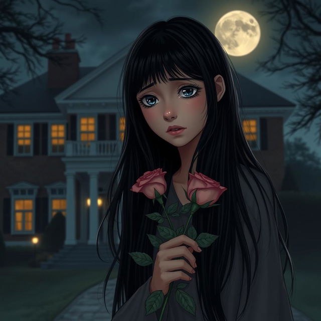 A heartbroken girl with long black hair, holding a delicate rose in her hand, standing in front of her large house at night