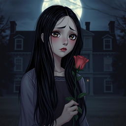 A heartbroken girl with long black hair, holding a delicate rose in her hand, standing in front of her large house at night