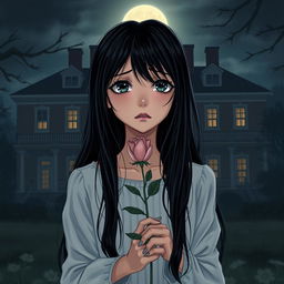 A heartbroken girl with long black hair, holding a delicate rose in her hand, standing in front of her large house at night