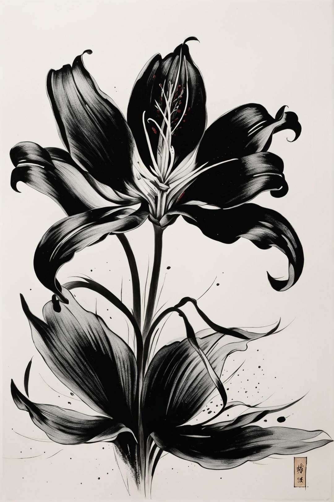 This image presents a black lily painted with ink on canvas, in a style reminiscent of traditional Japanese sumi-e painting