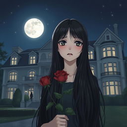 A girl with long black hair, holding a rose in her hand, standing in front of her large house at night