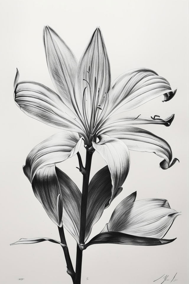 The image is a simple, elegant pencil sketch of a white lily