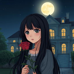 A girl with long black hair, holding a rose in her hand, standing in front of her large house at night
