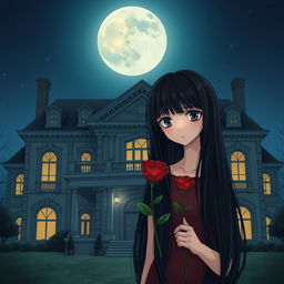 A girl with long black hair, holding a rose in her hand, standing in front of her large house at night
