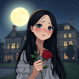 A girl with long black hair, holding a rose in her hand, standing in front of her large house at night