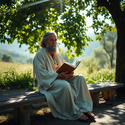 A captivating image of a philosopher sitting in a serene outdoor setting, surrounded by lush greenery and a gentle breeze