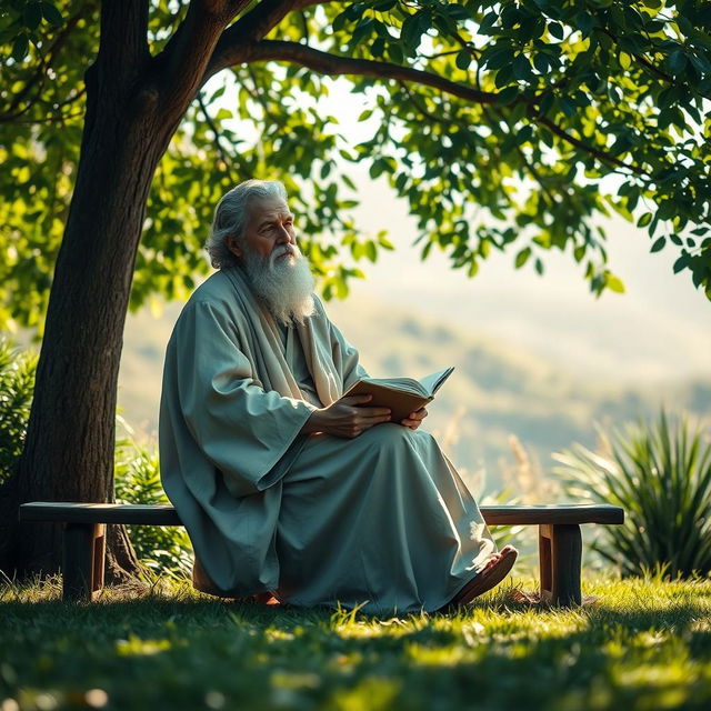 A captivating image of a philosopher sitting in a serene outdoor setting, surrounded by lush greenery and a gentle breeze