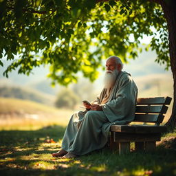 A captivating image of a philosopher sitting in a serene outdoor setting, surrounded by lush greenery and a gentle breeze