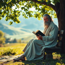 A captivating image of a philosopher sitting in a serene outdoor setting, surrounded by lush greenery and a gentle breeze