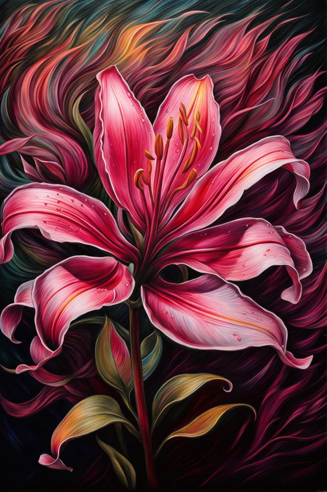 This image features a vibrant drawing of a pink lily, inspired by the artistic style of Vincent Van Gogh