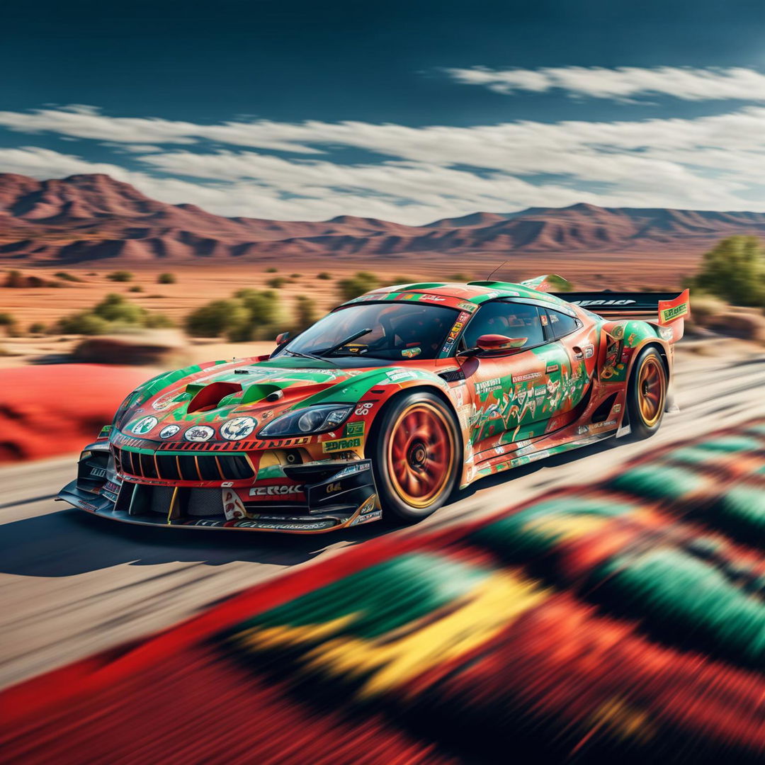 A digital art of a high-speed Moroccan race car