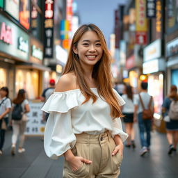 A cheerful young beautiful Japanese woman with long light brown hair standing in a lively pedestrian street during the evening