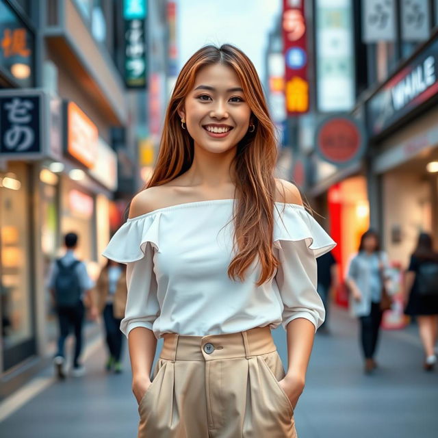 A cheerful young beautiful Japanese woman with long light brown hair standing in a lively pedestrian street during the evening