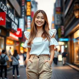 A cheerful young beautiful Japanese woman with long light brown hair standing in a lively pedestrian street during the evening