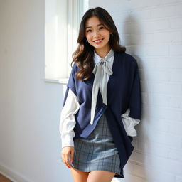A young beautiful Japanese woman standing in a relaxed pose against a white brick wall