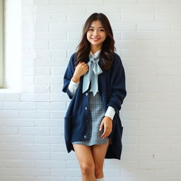 A young beautiful Japanese woman standing in a relaxed pose against a white brick wall