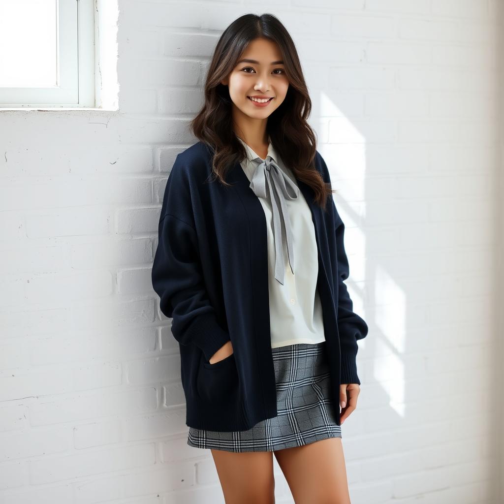 A young beautiful Japanese woman standing in a relaxed pose against a white brick wall