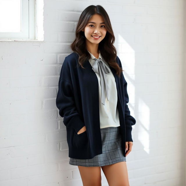 A young beautiful Japanese woman standing in a relaxed pose against a white brick wall