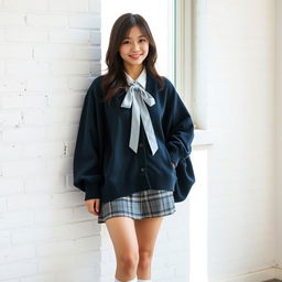 A young beautiful Japanese woman standing in a relaxed pose against a white brick wall