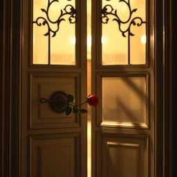The interior view of the front door of a grand house, showcasing an intricate design and decorative details
