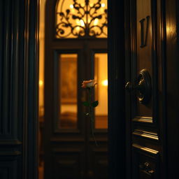 The interior view of the front door of a grand house, showcasing an intricate design and decorative details