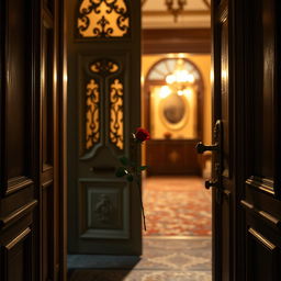 The interior view of the front door of a grand house, showcasing an intricate design and decorative details