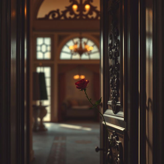 The interior view of the front door of a grand house, showcasing an intricate design and decorative details