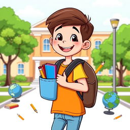 A cartoonish yet slightly realistic illustration of a cheerful young boy walking to school