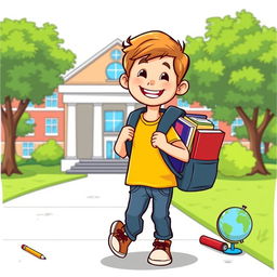 A cartoonish yet slightly realistic illustration of a cheerful young boy walking to school