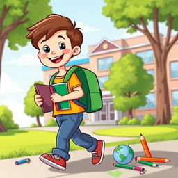 A cartoonish yet slightly realistic illustration of a cheerful young boy walking to school