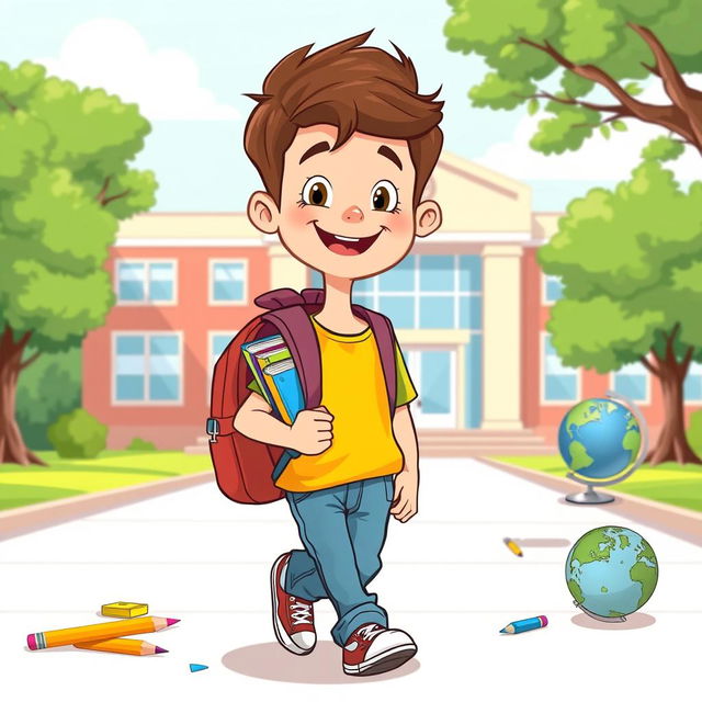 A cartoonish yet slightly realistic illustration of a cheerful young boy walking to school