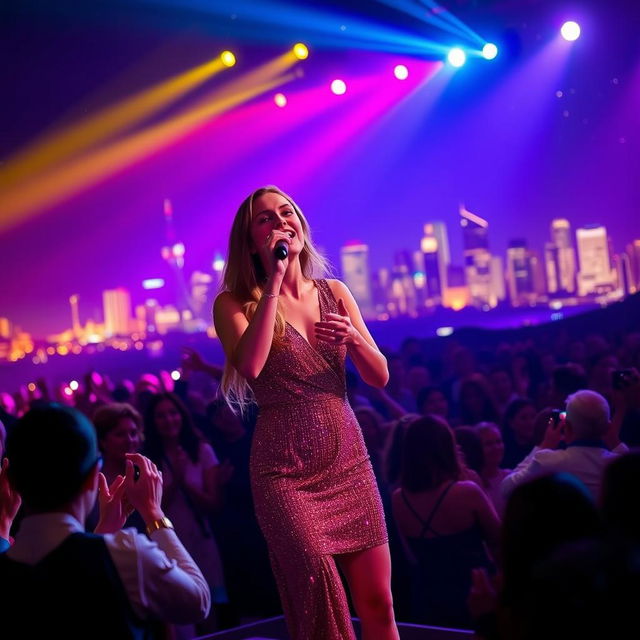 A young woman passionately singing on a stage during a vibrant night performance