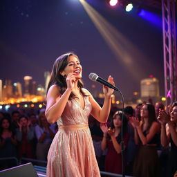 A young woman passionately singing on a stage during a vibrant night performance
